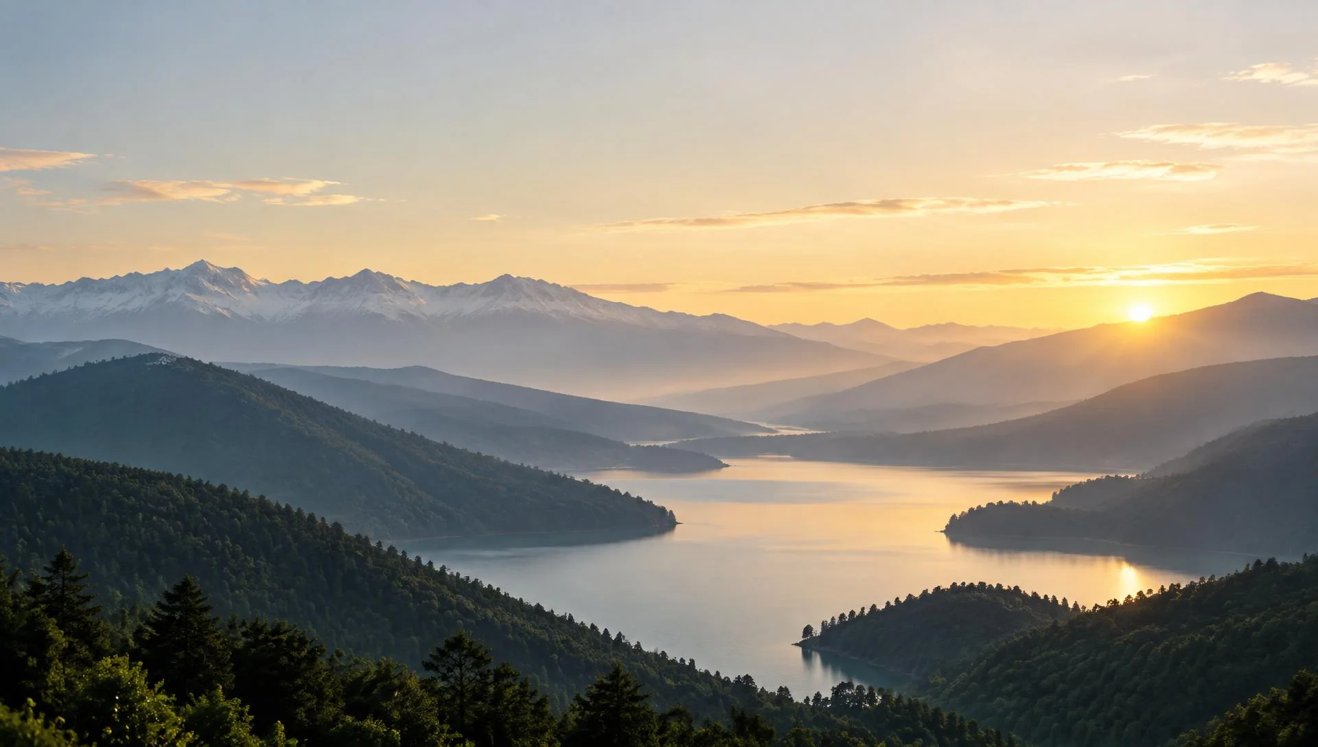 Mountain ranges surrounding a lake at sunrise